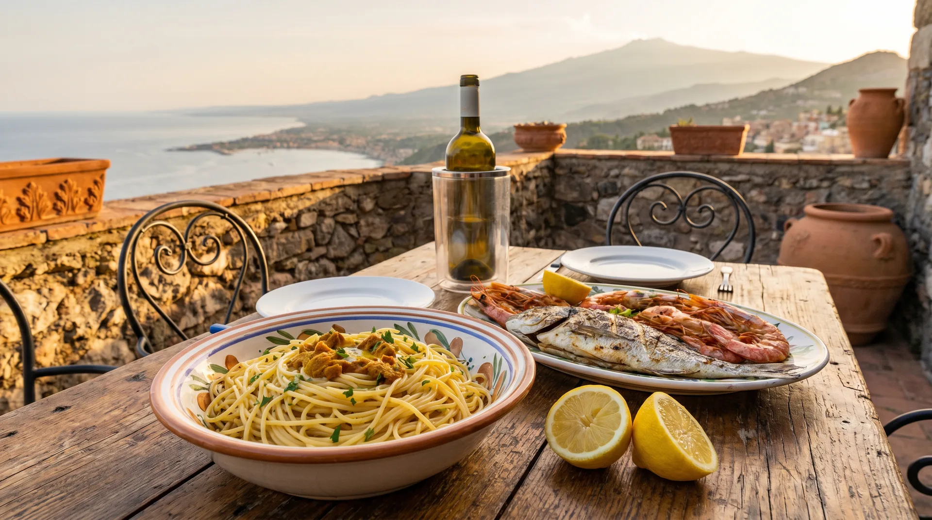 Tavolo apparecchiato con piatti siciliani da Don Ciccio, Taormina